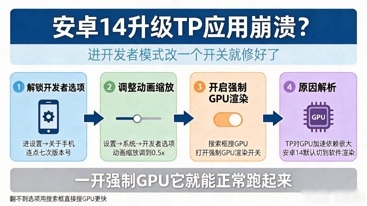 安卓14升级TP应用崩溃？进开发者模式改一个开关就修好了